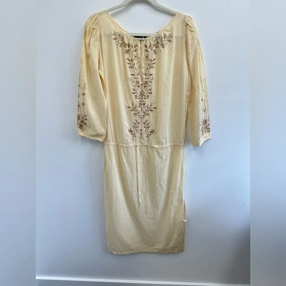 Vintage 90’s Express Beige Boho Embroidered Cotton Midi Long Sleeve Dress XS